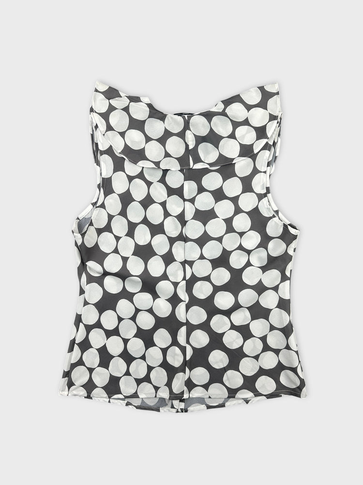 Gray Polka Dot Button-Up Top with Ruffles (L)