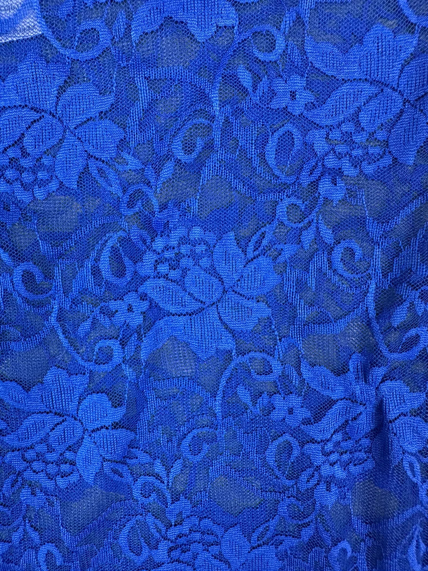 Detail view of a blue lace top featuring floral patterns.