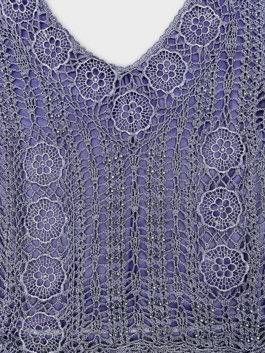 Detail view of a purple lace top featuring floral patterns.