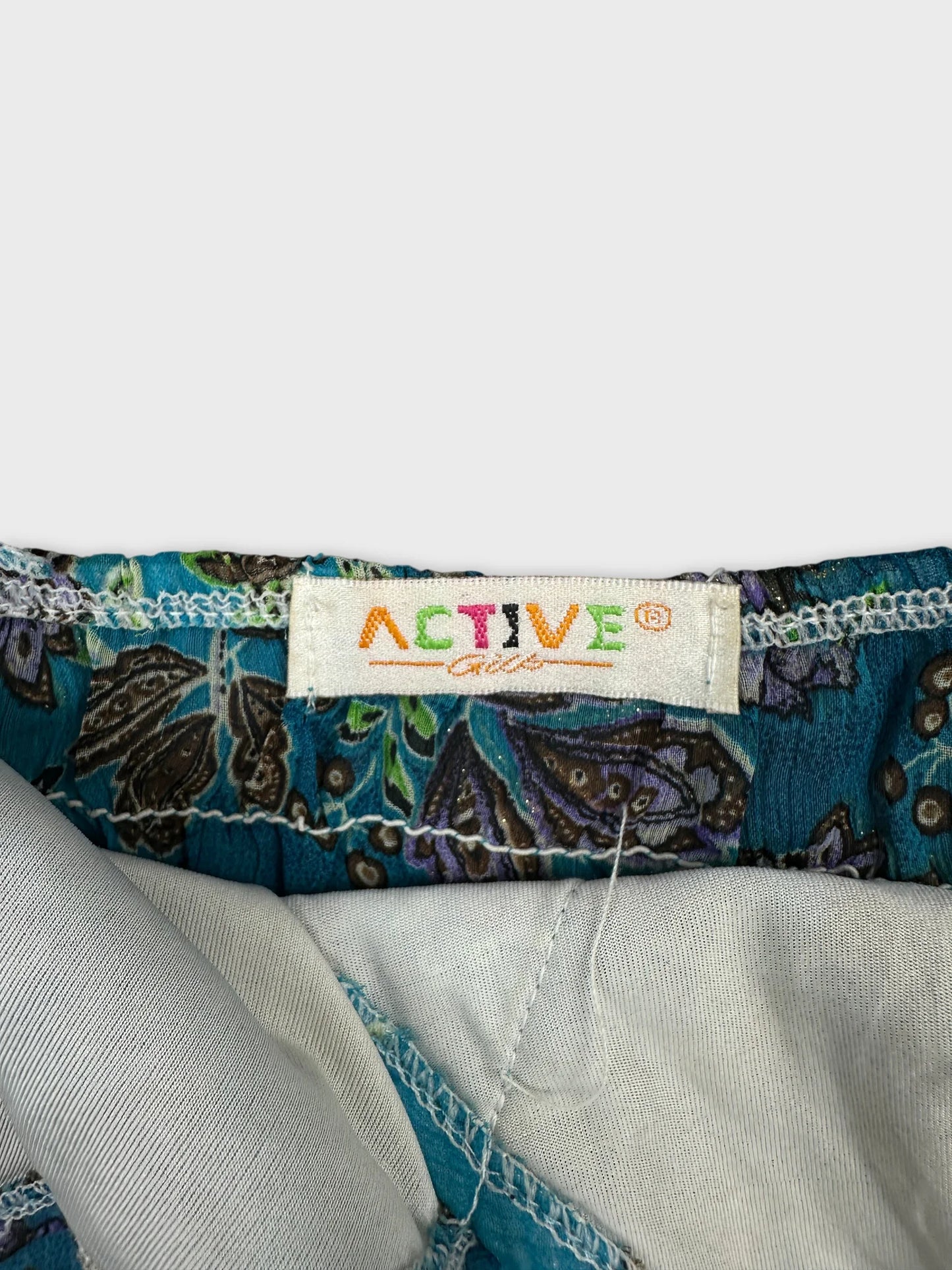 Detail view of a turquoise vintage top featuring a floral print.