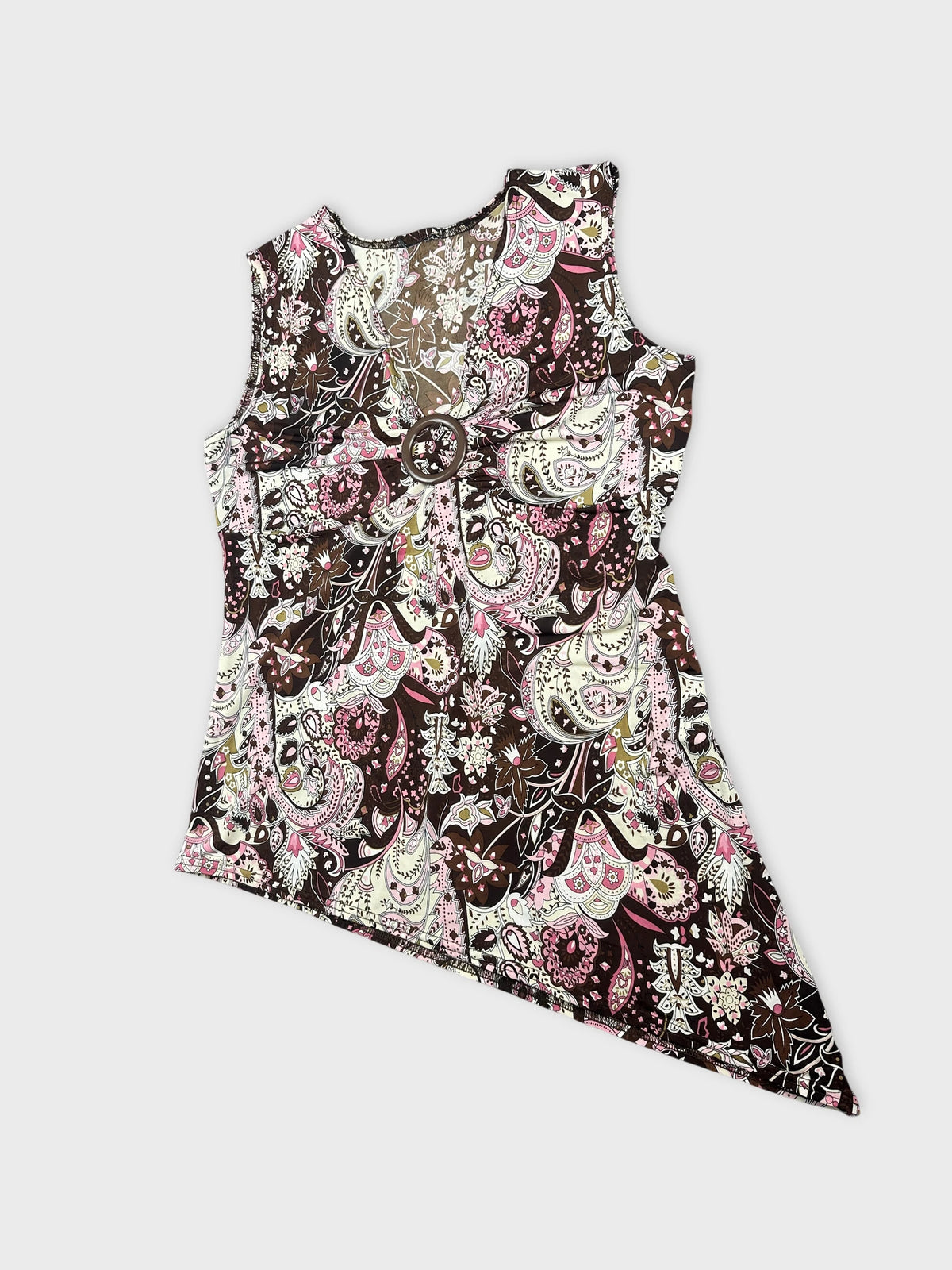 Detail view of a vintage brown sleeveless top with paisley print