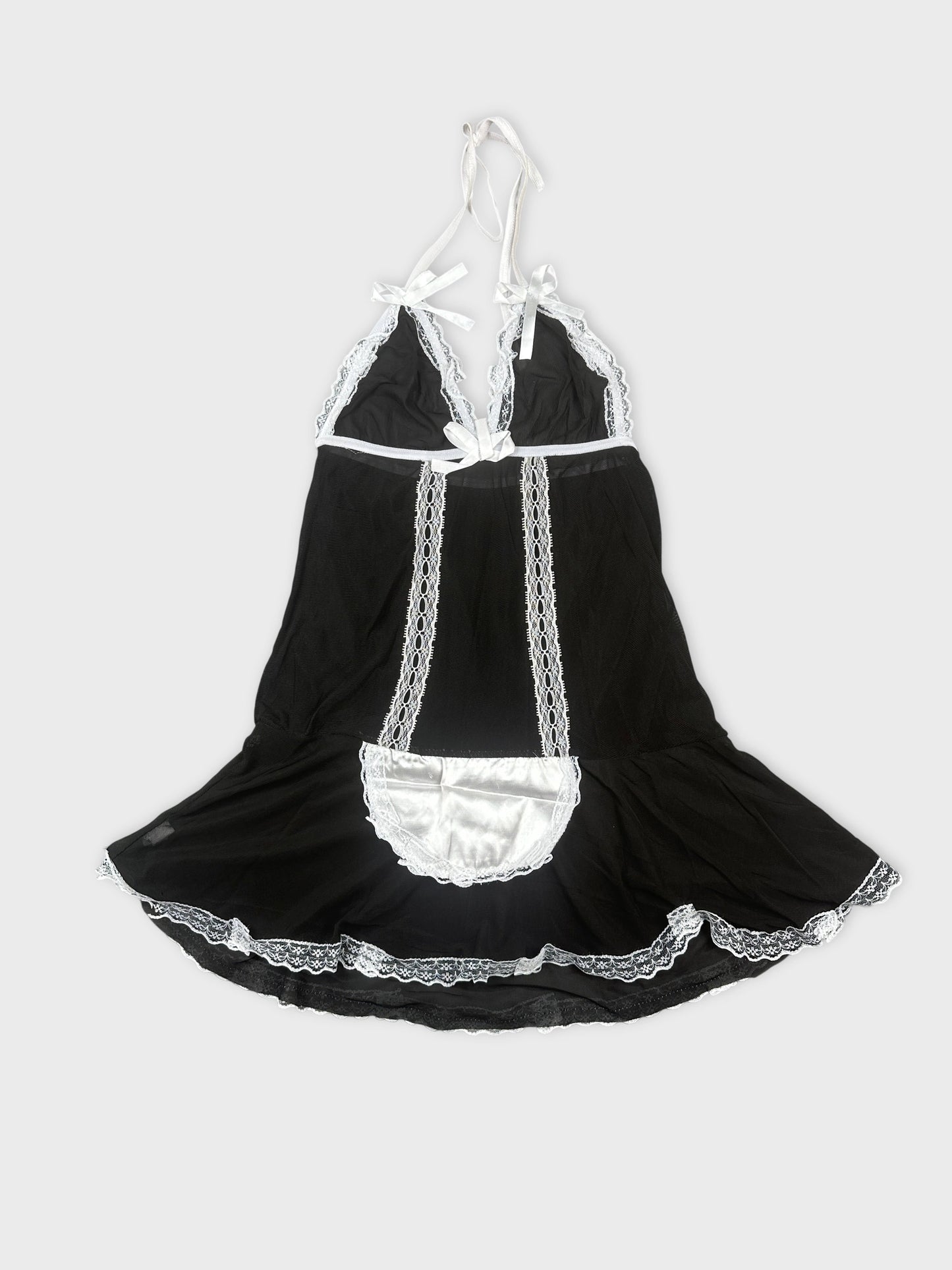 Black halter top with lace trim and a front pocket front view