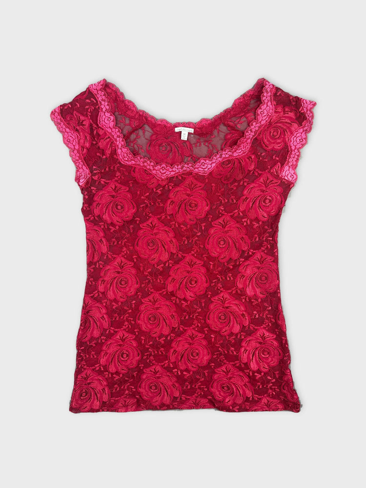 Rose Lace Crop Top with Ruffled Edges (M)