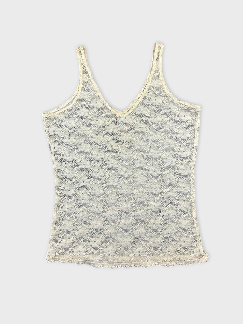 Lace tank top in cream color with scalloped hem front view
