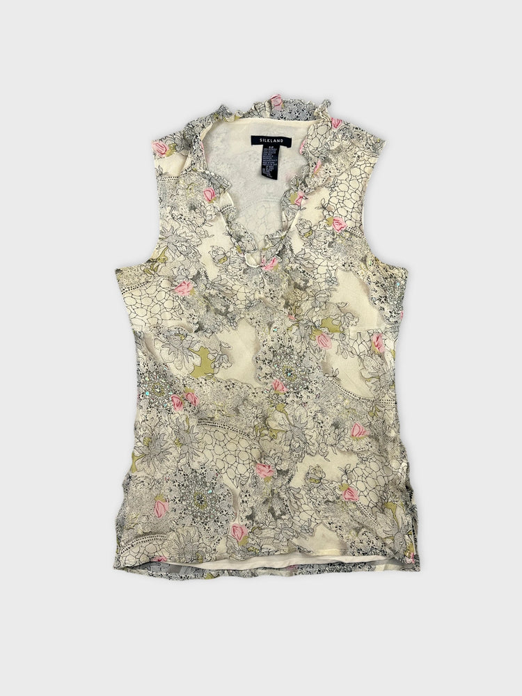Floral Lace Top with Ruffled Neckline (S)