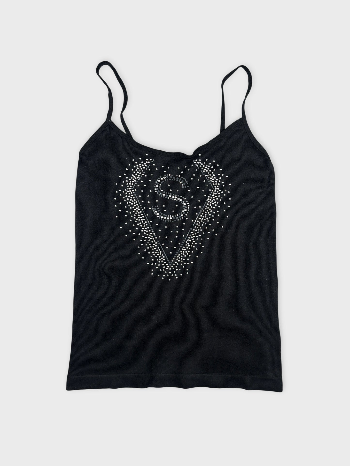 Black camisole top with studded heart design front view
