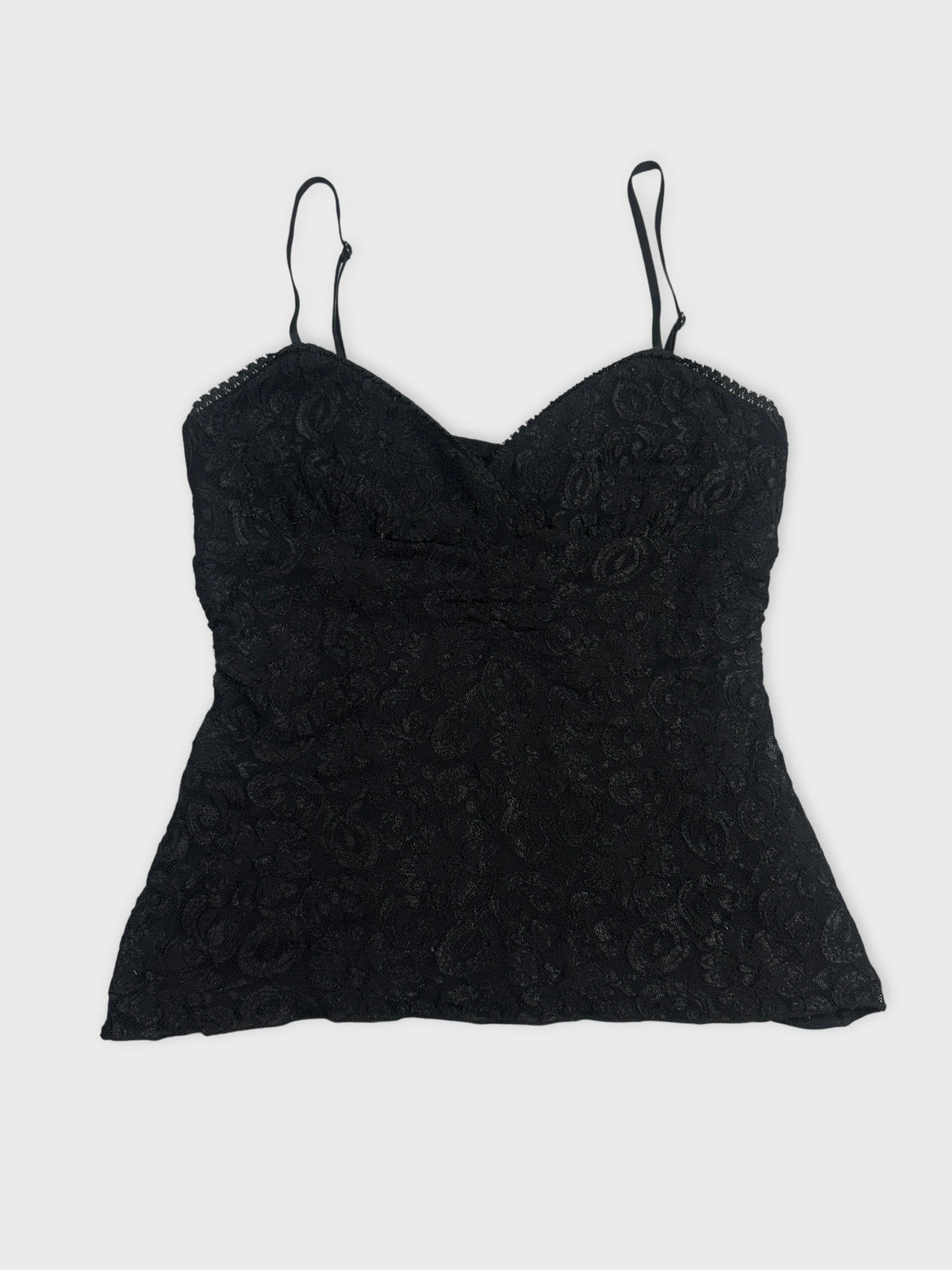 Black lace camisole top with adjustable straps front view