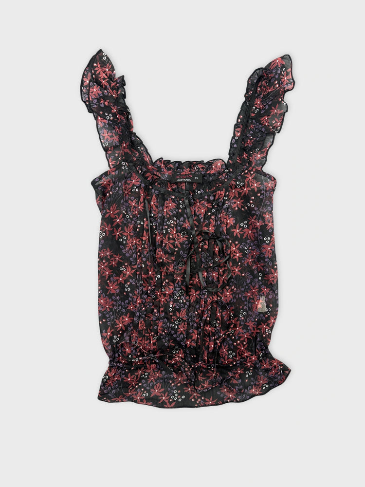 Floral Sheer Top with Ruched Detail (XS)