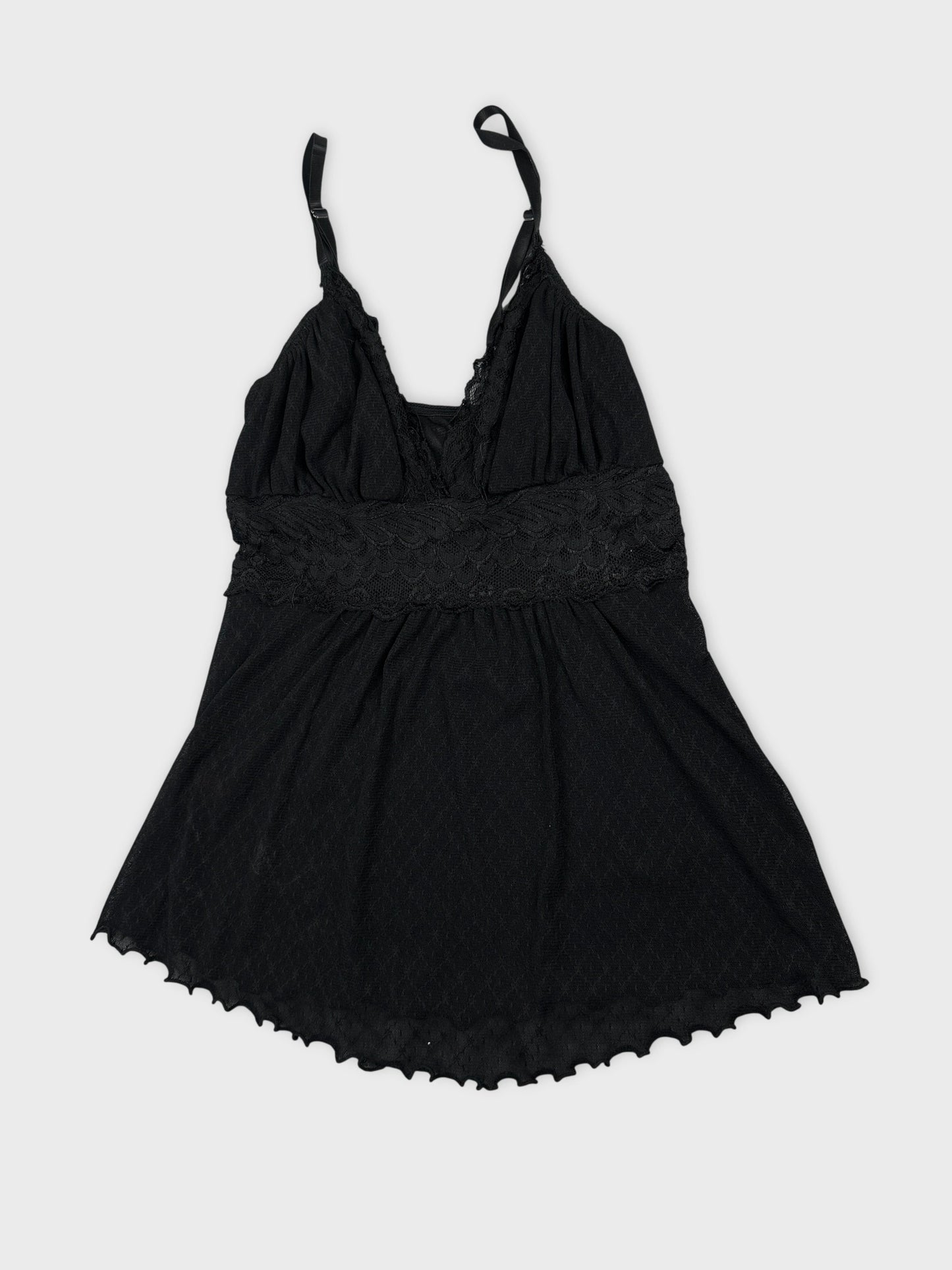 Black women’s top with lace trim front view