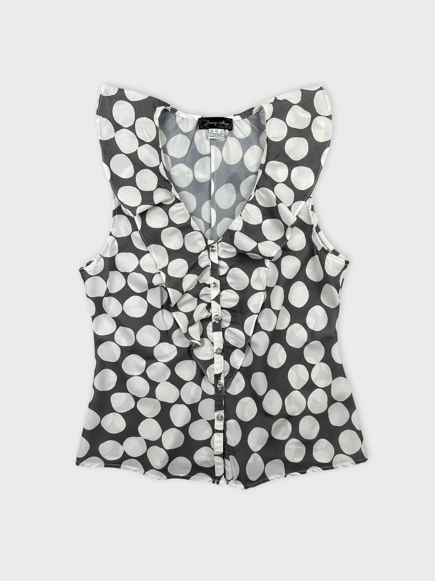 Gray sleeveless top with white polka dots front view