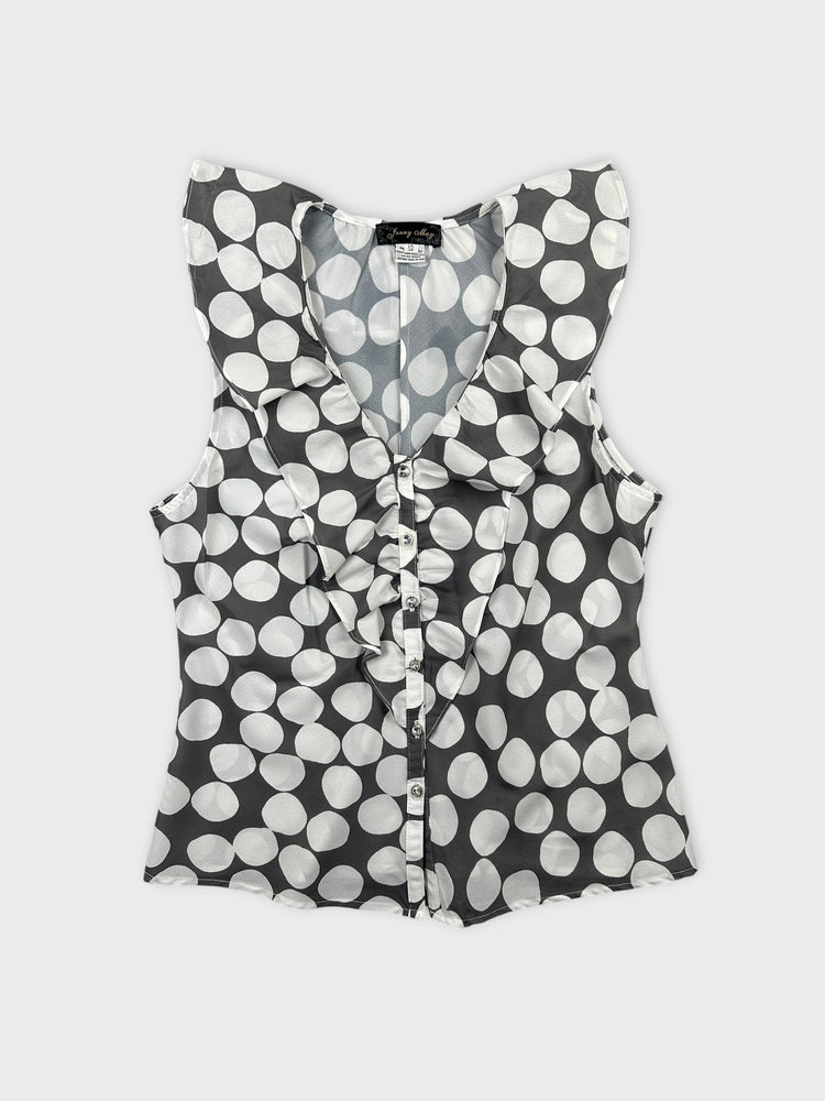 Gray Polka Dot Button-Up Top with Ruffles (L)