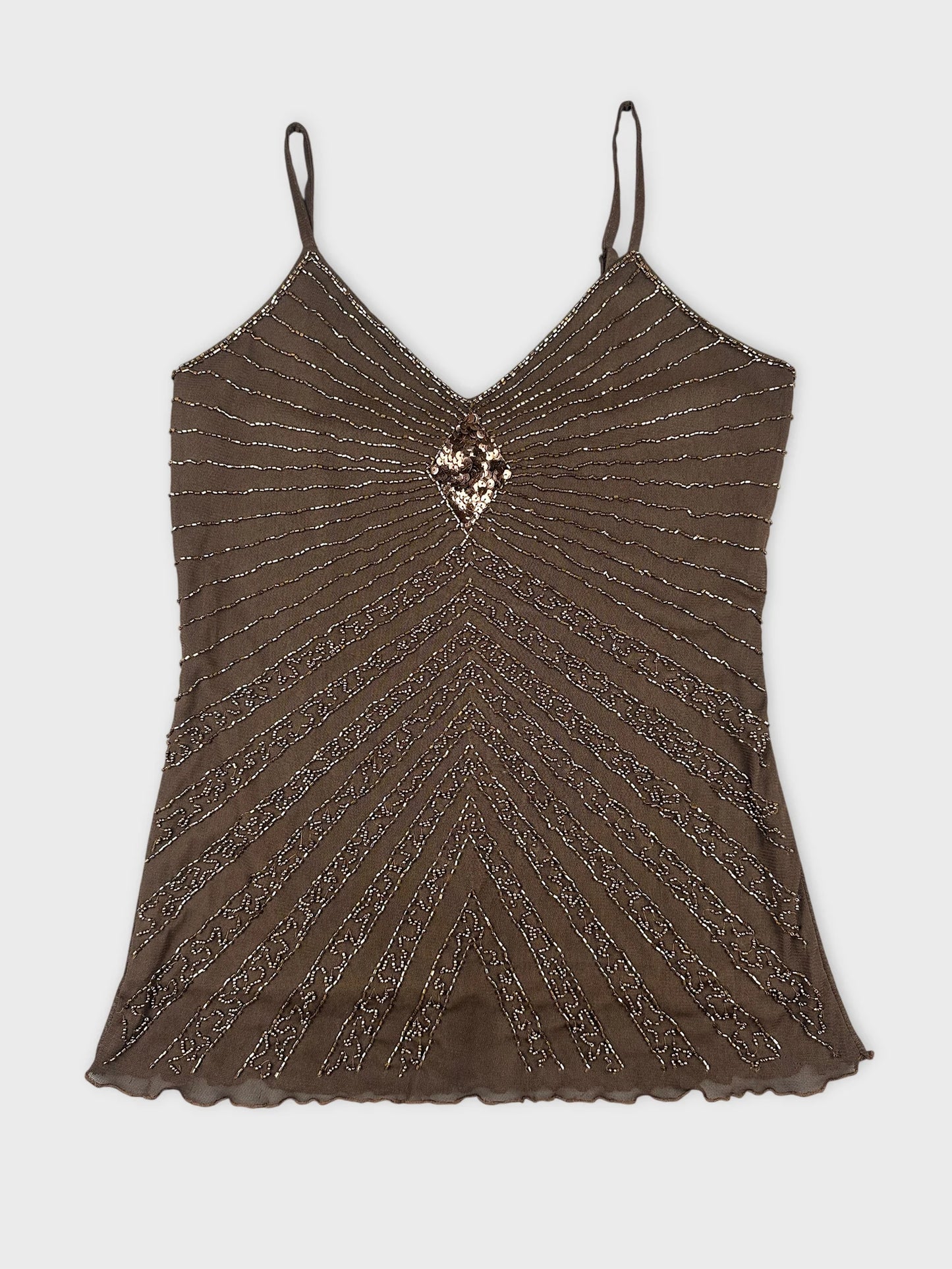 Front view of a brown vintage top with shimmering sequin details.
