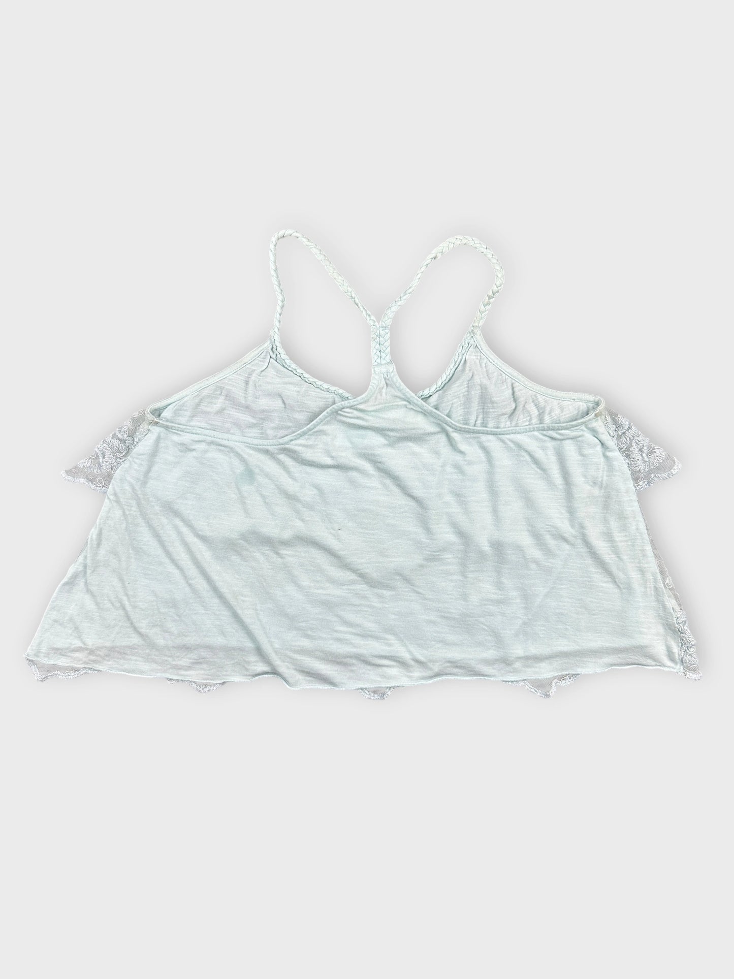 Light blue lace-trimmed top front view with thin straps.