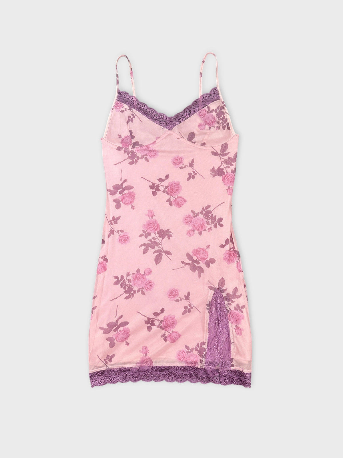 Front view of a pink floral camisole with lace trim details.