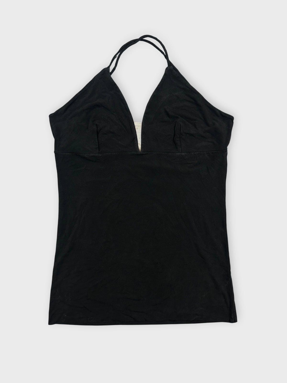 Black halter top with deep V-neck front view