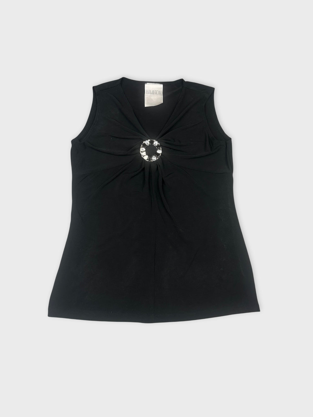 Black sleeveless top with gathering detail and center sparkle accent front view