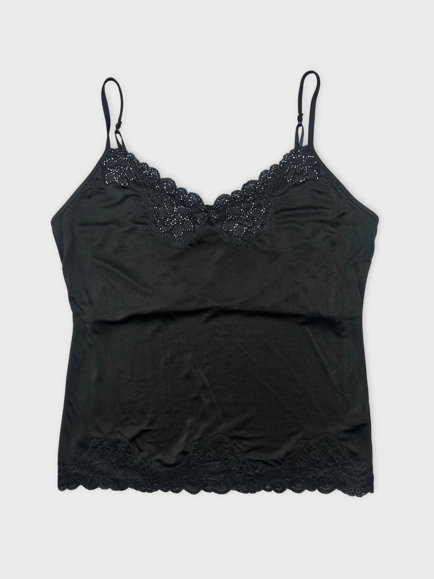 Black camisole with lace trim in front view