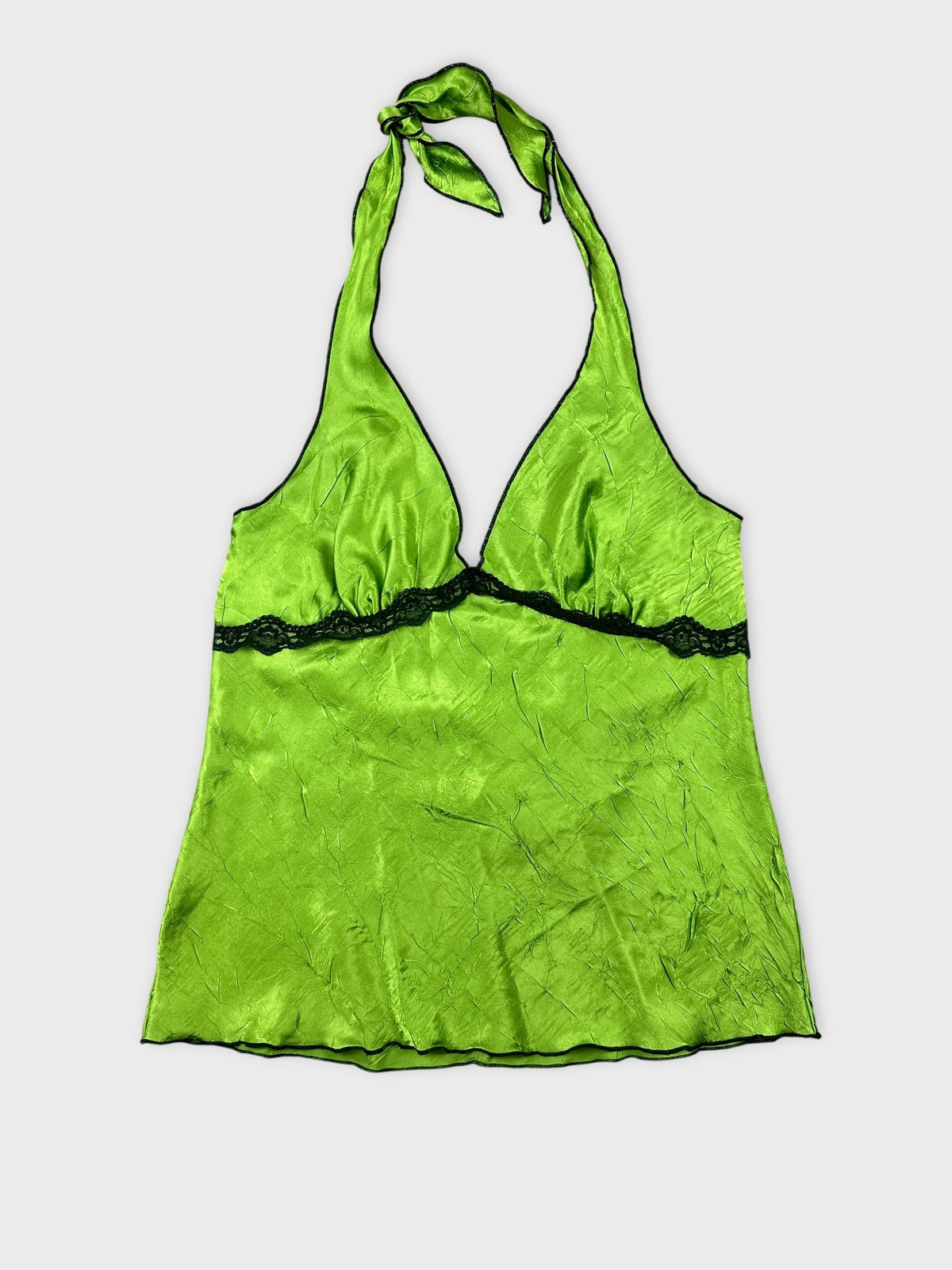 Bright green halter top with black lace trim front view