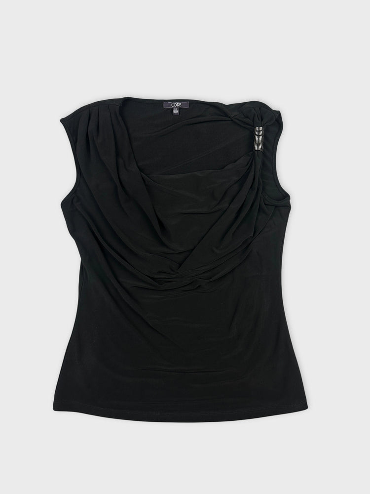 Edgy Black Cowl Neck Top with Sleek Detail (M)