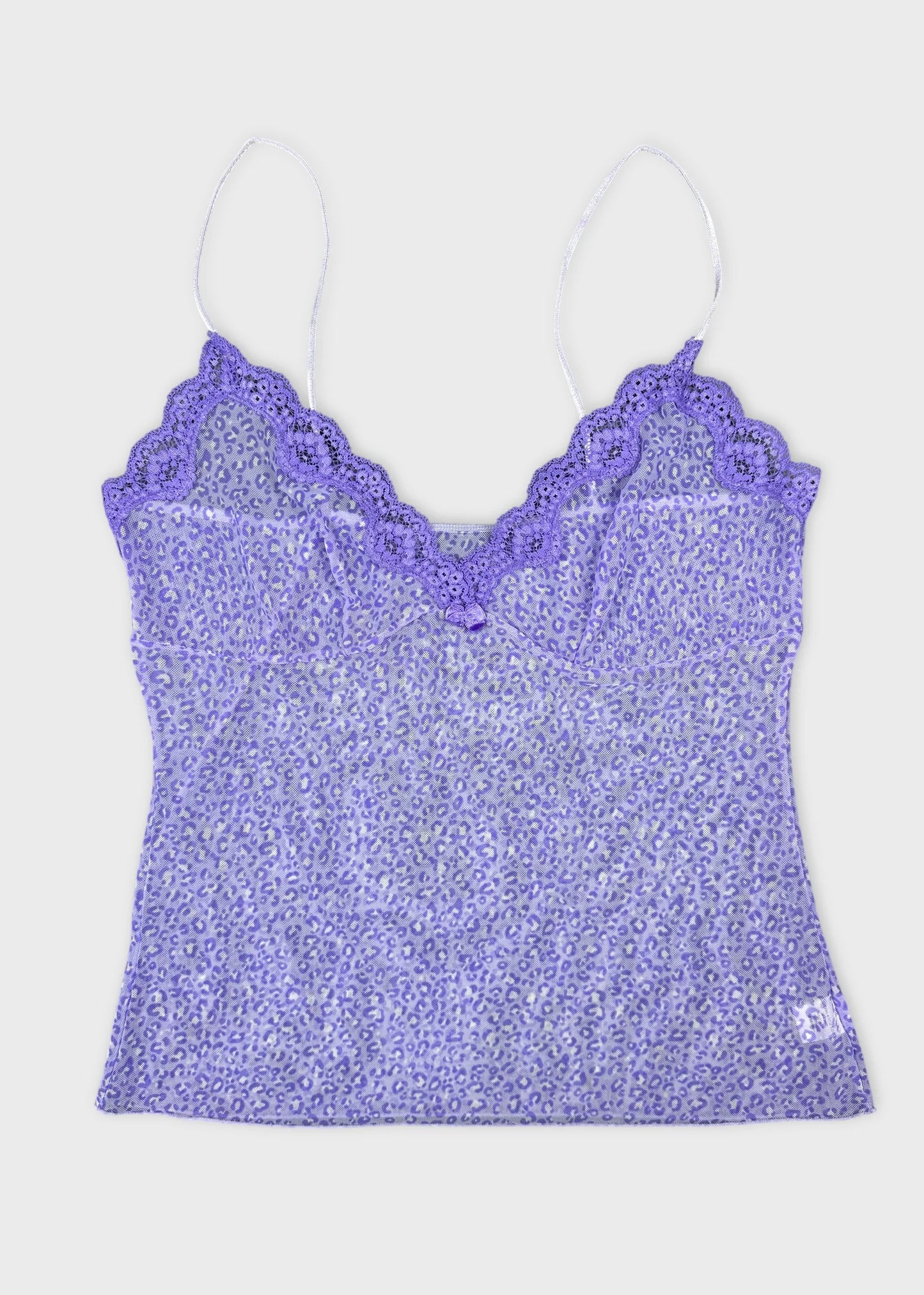 Front view of a purple leopard print camisole with scalloped trim.