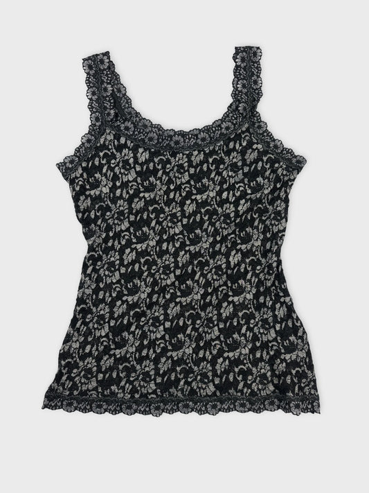 Black lace tank top with floral pattern front view.