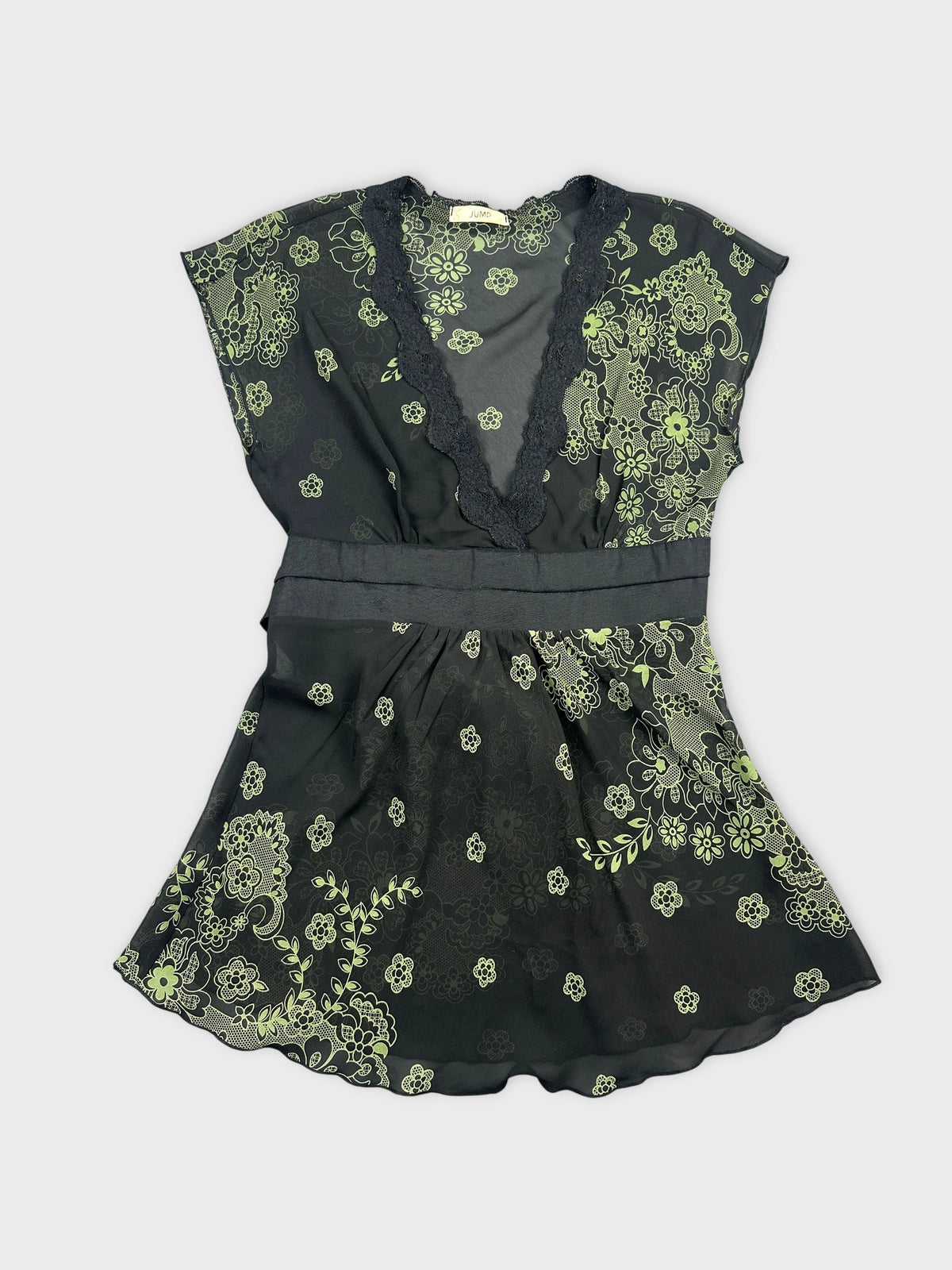Front view of a black floral vintage women’s top with lace trim.