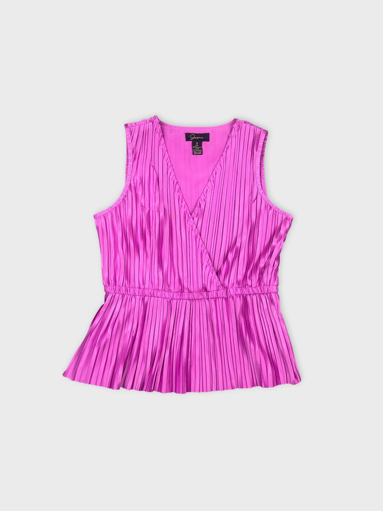 Plissé Pink Wrap Top with Ruffled Hem (S)