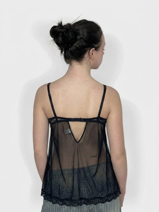 Black lace cami top with a keyhole detail, back view.