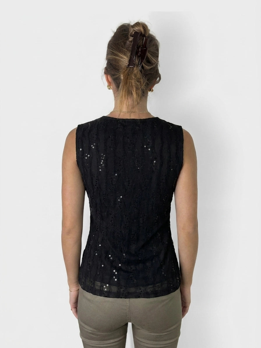 Back view of a black sleeveless top featuring a textured, sequined design.
