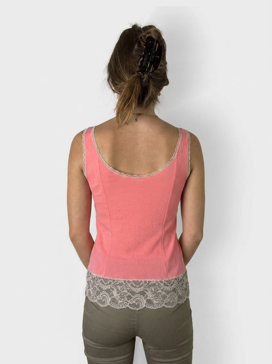 Back view of a pink women's top featuring lace trim.