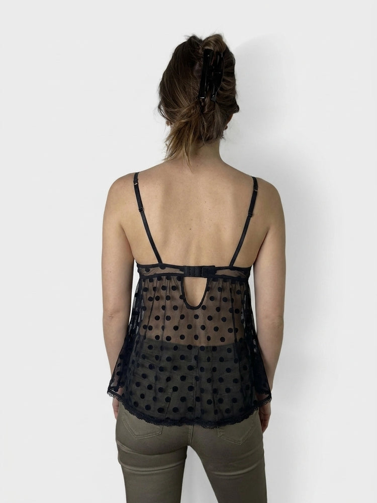 Black Polka Dot Camisole with Ruffle Hem (XS)