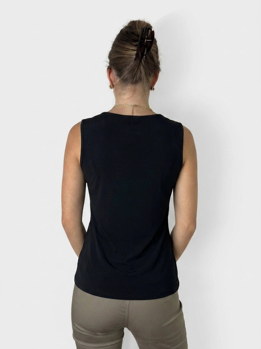 Back view of a black sleeveless top featuring a rounded neckline.