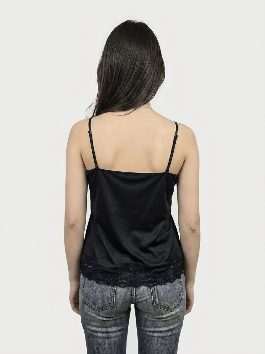 Back view of a black camisole with lace trim.