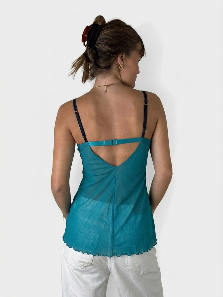 Sheer Aqua Lace Top with Scalloped Hem (M)