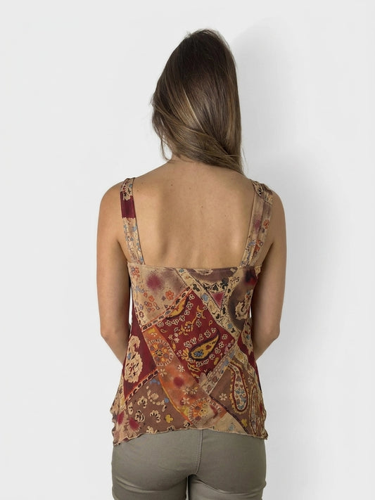 Back view of a women's vintage top in brown with patchwork pattern.