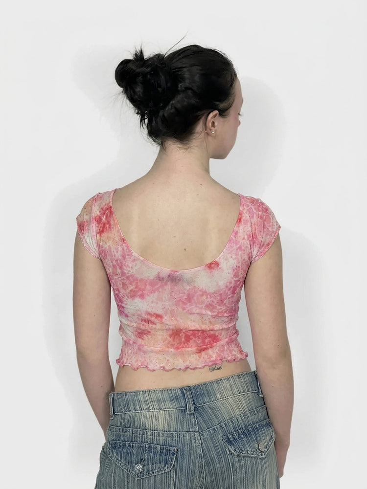 Pink Ruched Crop Top with Scalloped Hem (S)