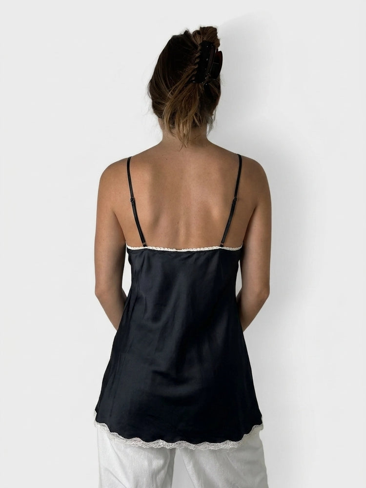 Black Satin Cami with Lace Trim (S)