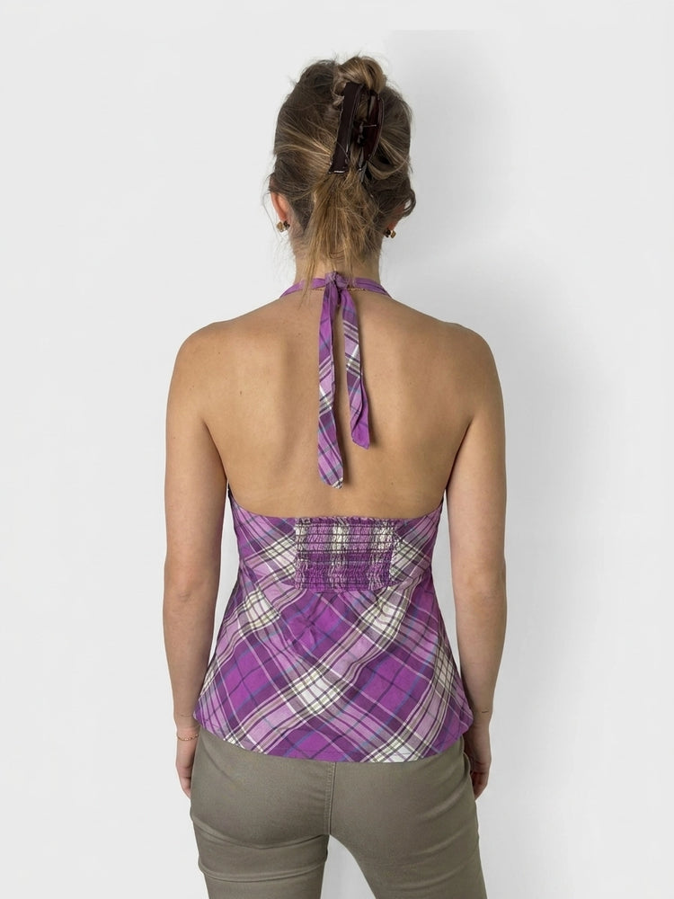 Purple Halter Neck Plaid Top (S)