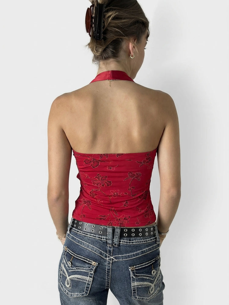 Red Floral Wrap Top with Satin Detail (S)