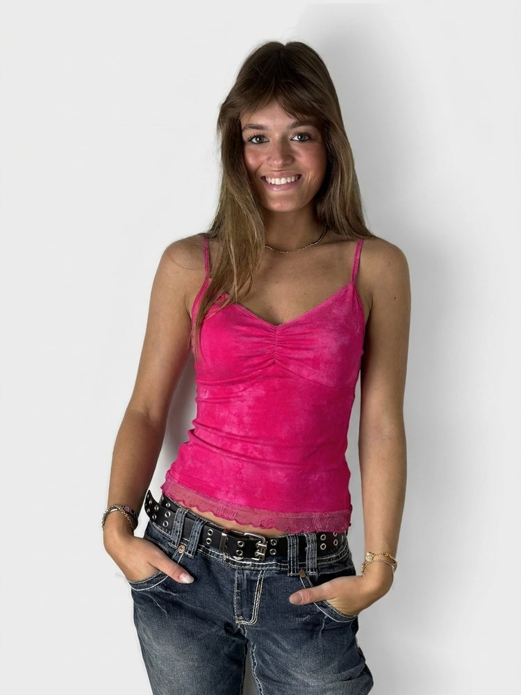 Pink Velour Cami Top with Lace Trim (XS)