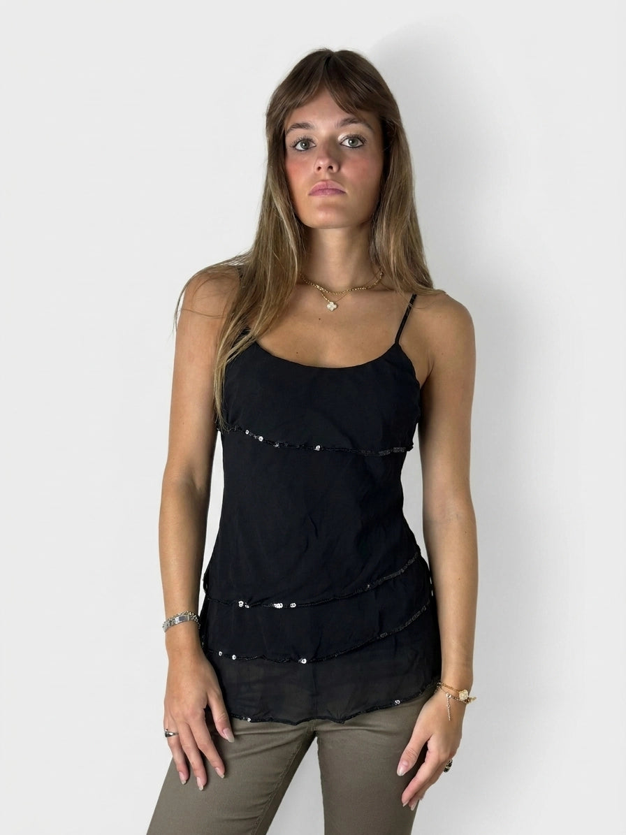 Black layered women's top with sequins, shown in front view.