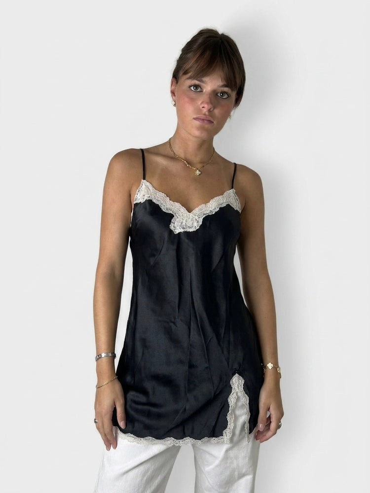 Black Satin Cami with Lace Trim (S)