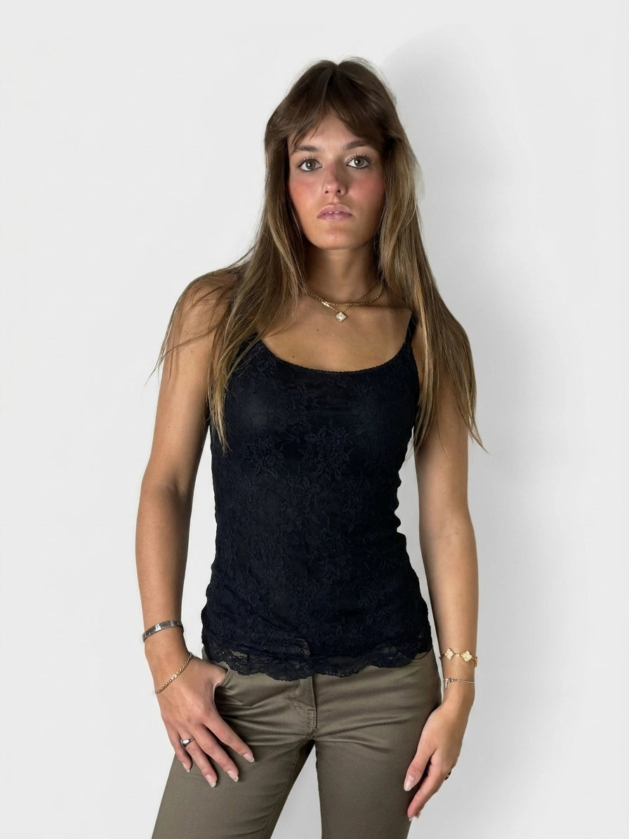 Black lace tank top with a scalloped trim, front view.