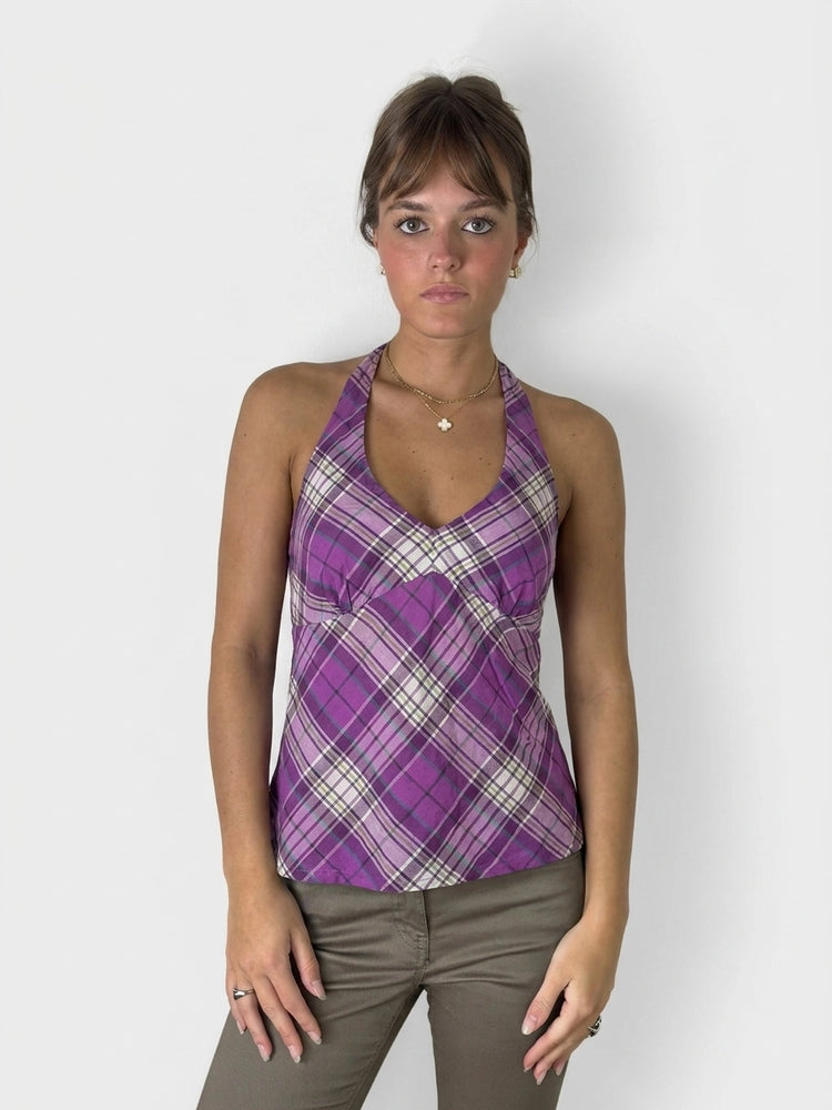 Purple Halter Neck Plaid Top (S)