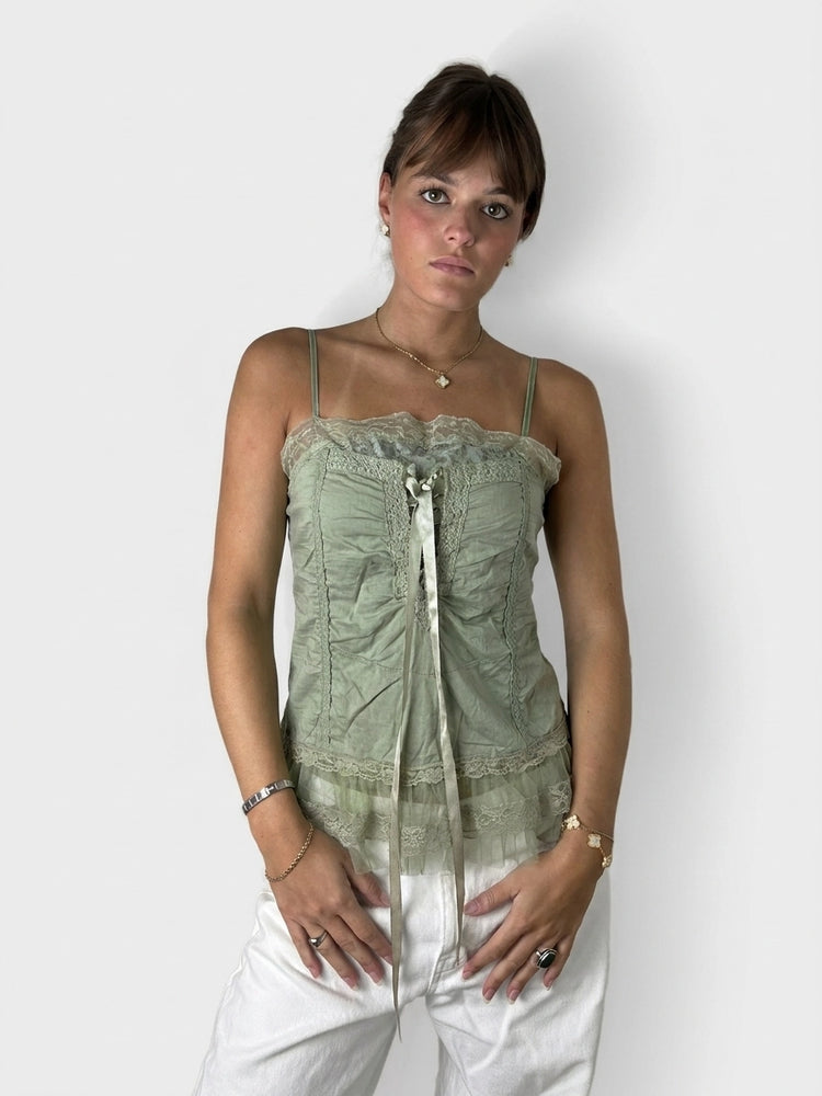 Pastel Green Lace Corset Top with Ribbon (M)