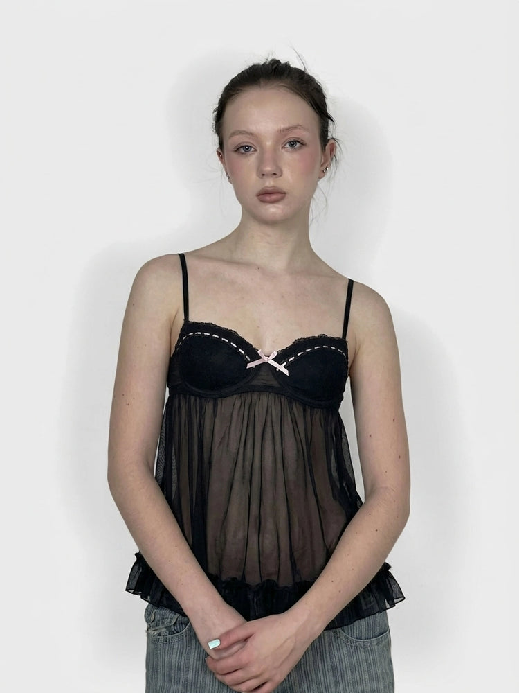 Sheer Black Babydoll Top with Pink Trim (M)