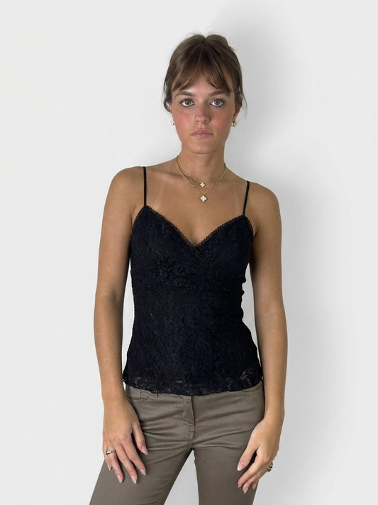 Black lace camisole top with a v-neck, front view.