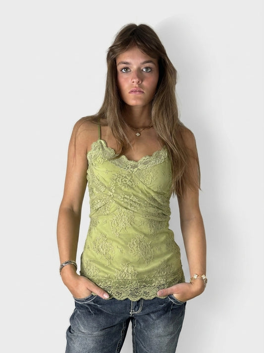 Front view of a green lace tank top with scalloped trim.