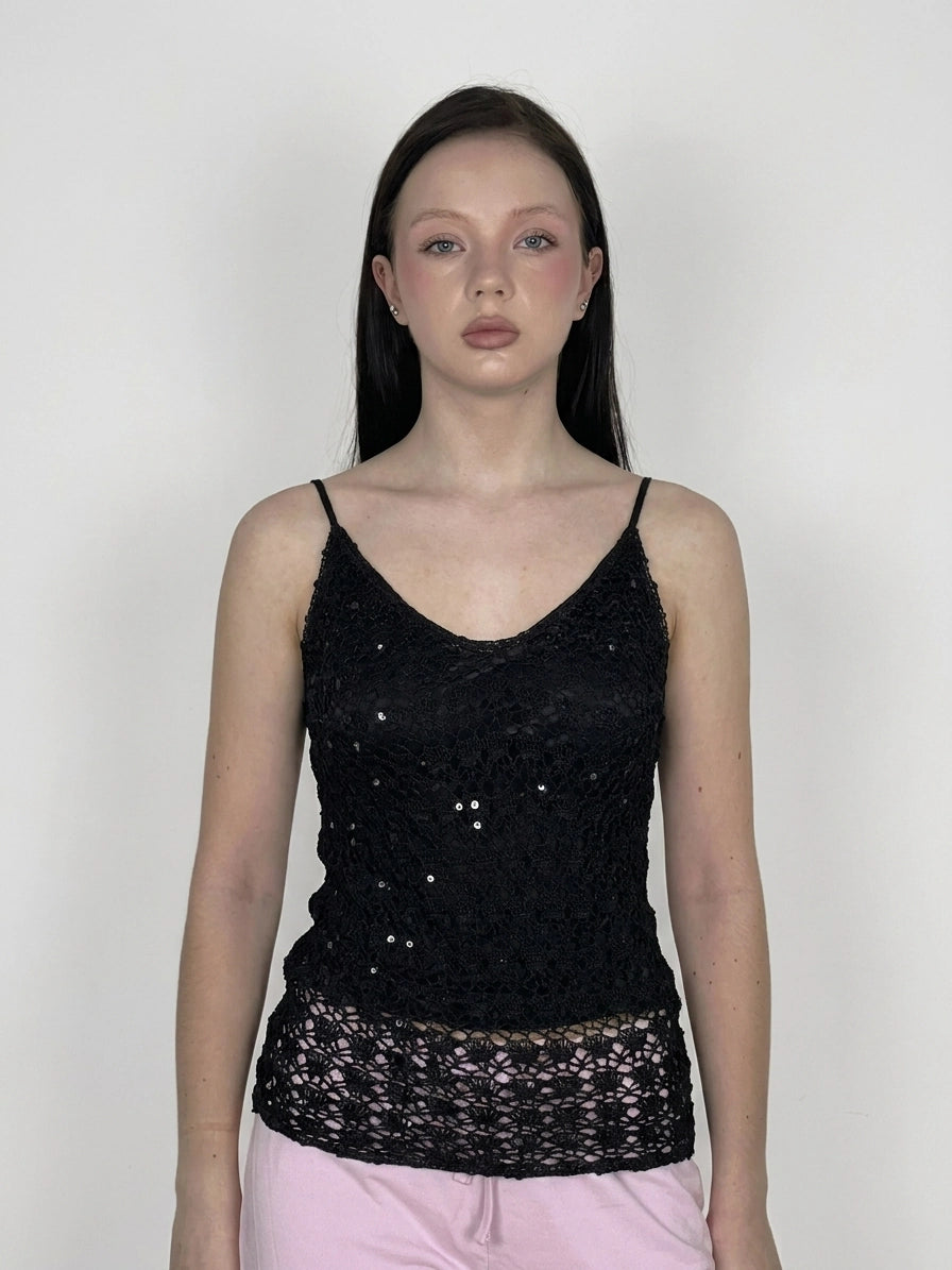 Black lace tank top with sequins, front view.