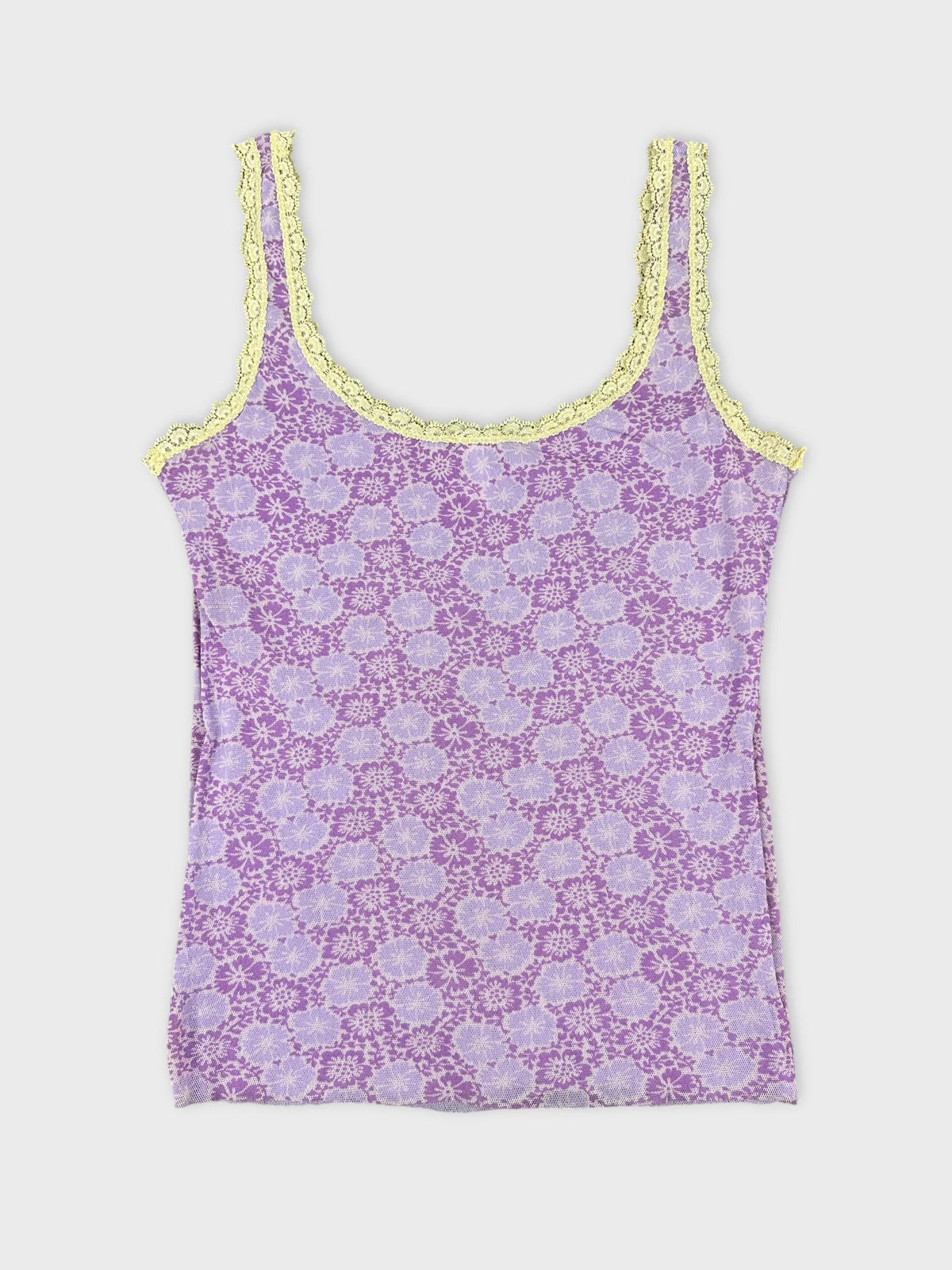 Back view of a lavender floral print tank top with lace trim.
